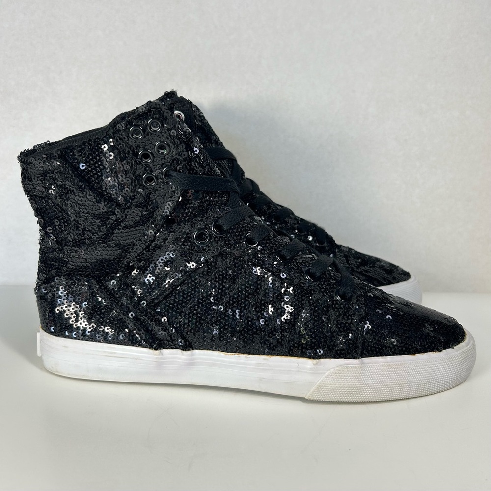 SUPRA Skytops Sparkly Sequin Hi Tops Black Sneakers Shoe SW12029; Women’s Sz 8.5